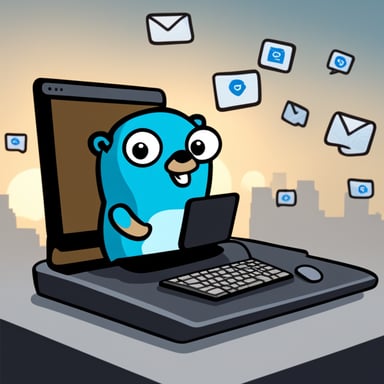 Go Blue Gopher is sitting at a control panel with screens showing email and SMS and tweet icons flying all over it.