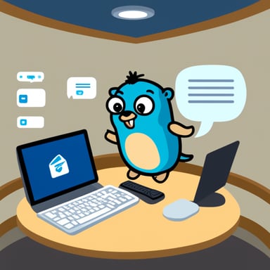 Go Blue Gopher is sitting at a control panel with screens showing email and SMS and tweet icons flying all over it.