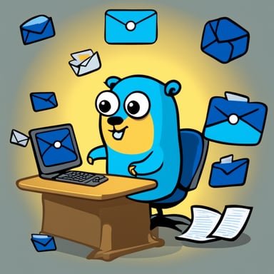 Go Blue Gopher is sitting at a control panel with screens showing email and SMS and tweet icons flying all over it.