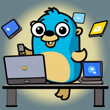 Go Blue Gopher is sitting at a control panel with screens showing email and SMS and tweet icons flying all over it.