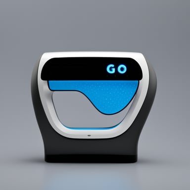 Go Blue Gopher features tech-inspired details such as a subtle ear device and a digital wristband, maintaining its iconic charm. The console design for Go Blue Gopher is curved and modern, with touch interfaces and physical controls. Messages for Go Blue Gopher transform from code symbols into communication icons as they launch. The background for Go Blue Gopher includes a subtle hexagon/circuit pattern in darker blue tones. If used digitally, Go Blue Gopher's messages could have subtle animation paths.