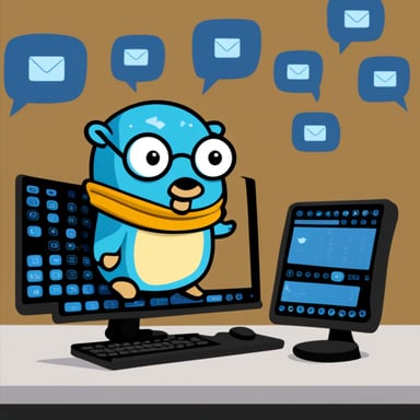 Go Blue Gopher is sitting at a control panel with screens showing email and SMS and tweet icons flying all over it.