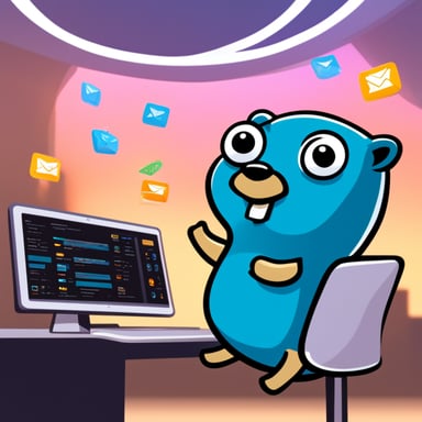 Go Blue Gopher is sitting at a control panel with screens showing email and SMS and tweet icons flying all over it.