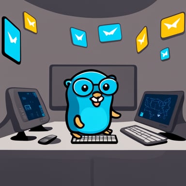 Go Blue Gopher is sitting at a control panel with screens showing email and SMS and tweet icons flying all over it.