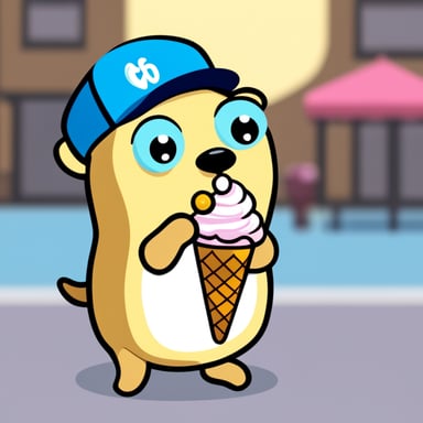 A go blue gopher holding a small ice cream cone, enjoying a sweet treat.