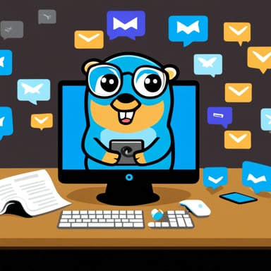 Go Blue Gopher is sitting at a control panel with screens showing email and SMS and tweet icons flying all over it.