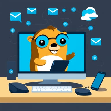 Go Blue Gopher is sitting at a control panel, managing communications with screens displaying email, SMS, and tweet icons swirling around.