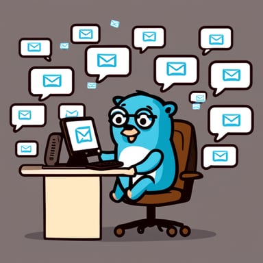 Go Blue Gopher is sitting at a control panel, managing communications with screens displaying email, SMS, and tweet icons swirling around.