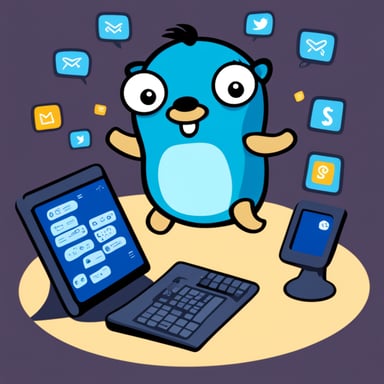 Go Blue Gopher is sitting at a control panel with screens showing email and SMS and tweet icons flying all over it.