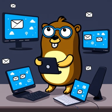 Go Blue Gopher is sitting at a control panel with screens showing email and SMS and tweet icons flying all over it.