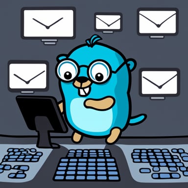 Go Blue Gopher is sitting at a control panel with screens showing email and SMS and tweet icons flying all over it.