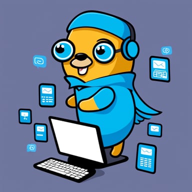 Go Blue Gopher is sitting at a control panel with screens showing email and SMS and tweet icons flying all over it.