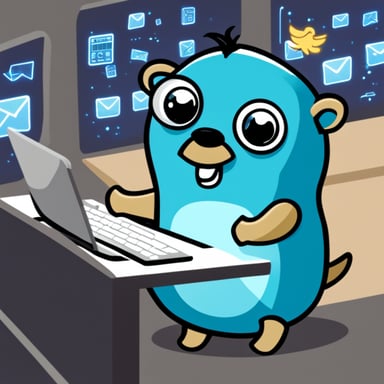 Go Blue Gopher is sitting at a control panel with screens showing email and SMS and tweet icons flying all over it.