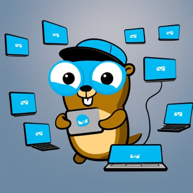 Go Blue Gopher is sitting at a control panel with screens showing email and SMS and tweet icons flying all over it.