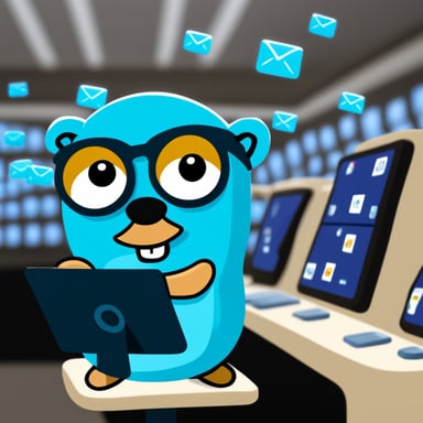 Go Blue Gopher is sitting at a control panel with screens showing email and SMS and tweet icons flying all over it.