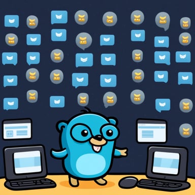 Go Blue Gopher is sitting at a control panel with screens showing email and SMS and tweet icons flying all over it.