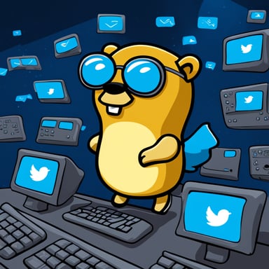 Go Blue Gopher is sitting at a control panel with screens showing email and SMS and tweet icons flying all over it.