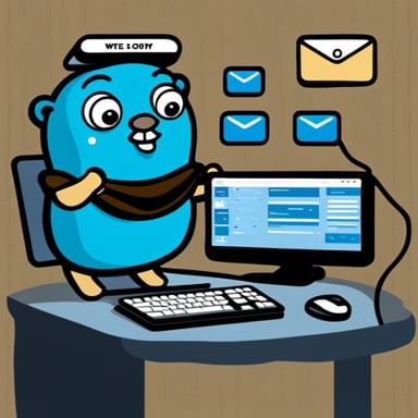 Go Blue Gopher is sitting at a control panel with screens showing email and SMS and tweet icons flying all over it.