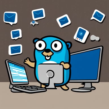 Go Blue Gopher is sitting at a control panel, managing communications with screens displaying email, SMS, and tweet icons swirling around.