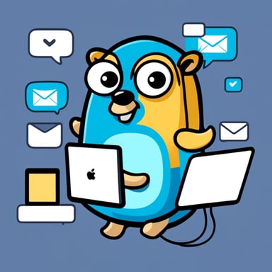 Go Blue Gopher is sitting at a control panel, managing communications with screens displaying email, SMS, and tweet icons swirling around.