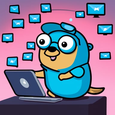 Go Blue Gopher is sitting at a control panel, managing communications with screens displaying email, SMS, and tweet icons swirling around.