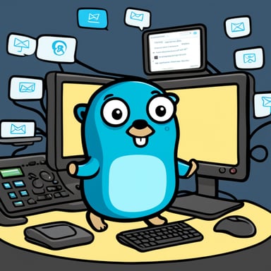 Go Blue Gopher is sitting at a control panel, managing communications with screens displaying email, SMS, and tweet icons swirling around.