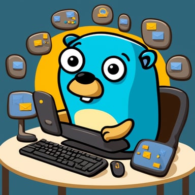 Go Blue Gopher is sitting at a control panel with screens showing email and SMS and tweet icons flying all over it.