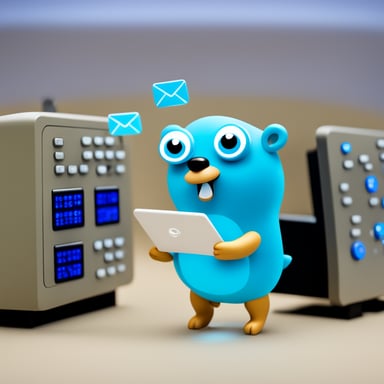 Go Blue Gopher is sitting at a control panel with screens showing email and SMS and tweet icons flying all over it.