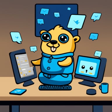 Go Blue Gopher is sitting at a control panel with screens showing email and SMS and tweet icons flying all over it.