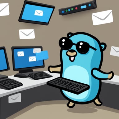 Go Blue Gopher is sitting at a control panel with screens showing email and SMS and tweet icons flying all over it.