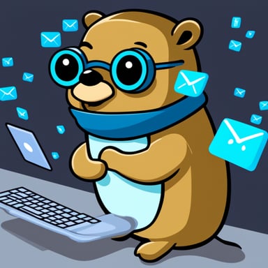 Go Blue Gopher is sitting at a control panel with screens showing email and SMS and tweet icons flying all over it.