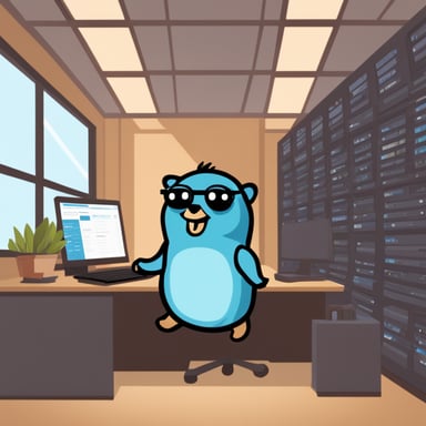 Go Blue Gopher is managing a high-tech communication center, swiftly handling emails, SMS, and tweets from various screens.