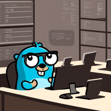 Go Blue Gopher is managing a high-tech communication center, swiftly handling emails, SMS, and tweets from various screens.