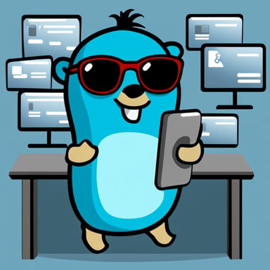 Go Blue Gopher is managing a high-tech communication center, swiftly handling emails, SMS, and tweets from various screens.