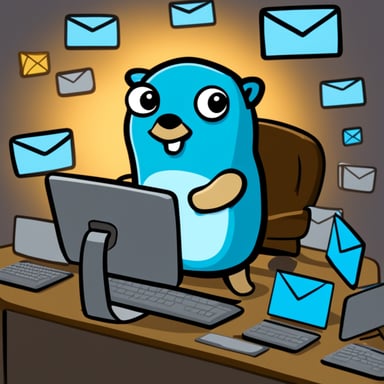 Go Blue Gopher is sitting at a control panel with screens showing email and SMS and tweet icons flying all over it.