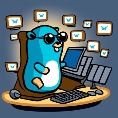 Go Blue Gopher is sitting at a control panel with screens showing email and SMS and tweet icons flying all over it.