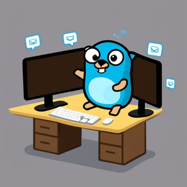 Go Blue Gopher is sitting at a control panel with screens showing email and SMS and tweet icons flying all over it.