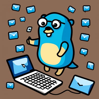 Go Blue Gopher is sitting at a control panel with screens showing email and SMS and tweet icons flying all over it.
