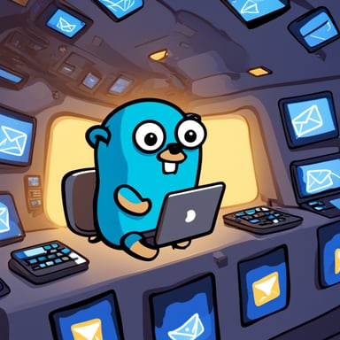 Go Blue Gopher is sitting at a control panel with screens showing email and SMS and tweet icons flying all over it.