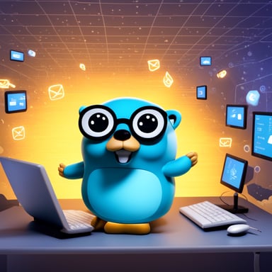Go Blue Gopher is sitting at a control panel with screens showing email and SMS and tweet icons flying all over it.