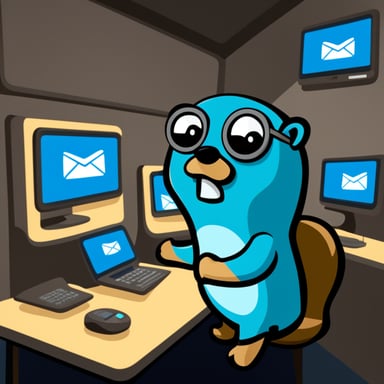 Go Blue Gopher is sitting at a control panel with screens showing email and SMS and tweet icons flying all over it.