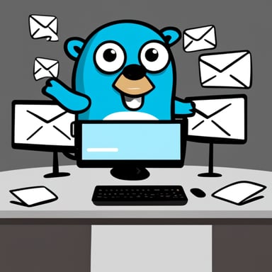 Go Blue Gopher is sitting at a control panel with screens showing email and SMS and tweet icons flying all over it.