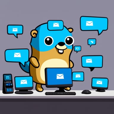 Go Blue Gopher is sitting at a control panel with screens showing email and SMS and tweet icons flying all over it.
