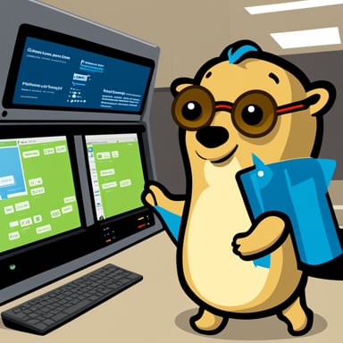 Go Blue Gopher is managing communications, expertly navigating between emails, SMS, and tweets displayed on the control panel's screens.