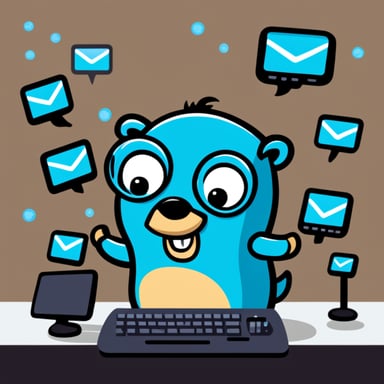 Go Blue Gopher is sitting at a control panel with screens showing email and SMS and tweet icons flying all over it.