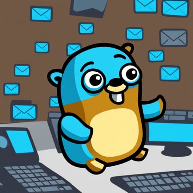 Go Blue Gopher is sitting at a control panel with screens showing email and SMS and tweet icons flying all over it.