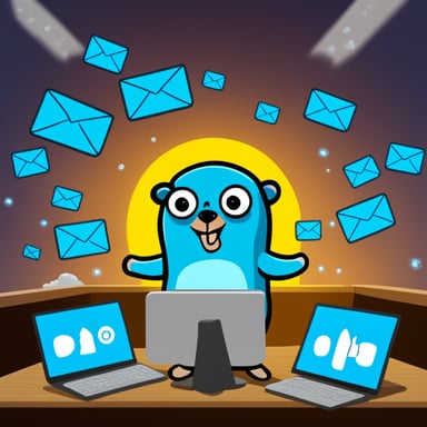 Go Blue Gopher is sitting at a control panel with screens showing email and SMS and tweet icons flying all over it.