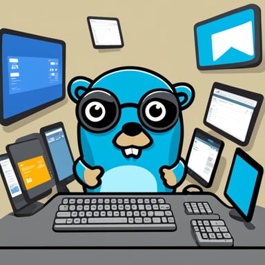 Go Blue Gopher is sitting at a control panel with screens showing email and SMS and tweet icons flying all over it.