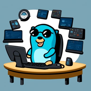 Go Blue Gopher is sitting at a control panel with screens showing email and SMS and tweet icons flying all over it.