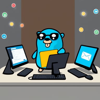 Go Blue Gopher is sitting at a control panel with screens showing email and SMS and tweet icons flying all over it.